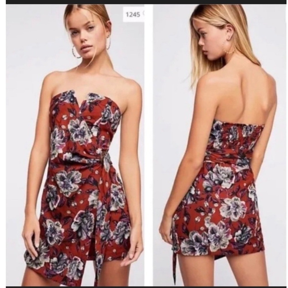 Free People Hot to Trot Strapless Mini Dress Rust Floral Smocked OB814144 Sz S